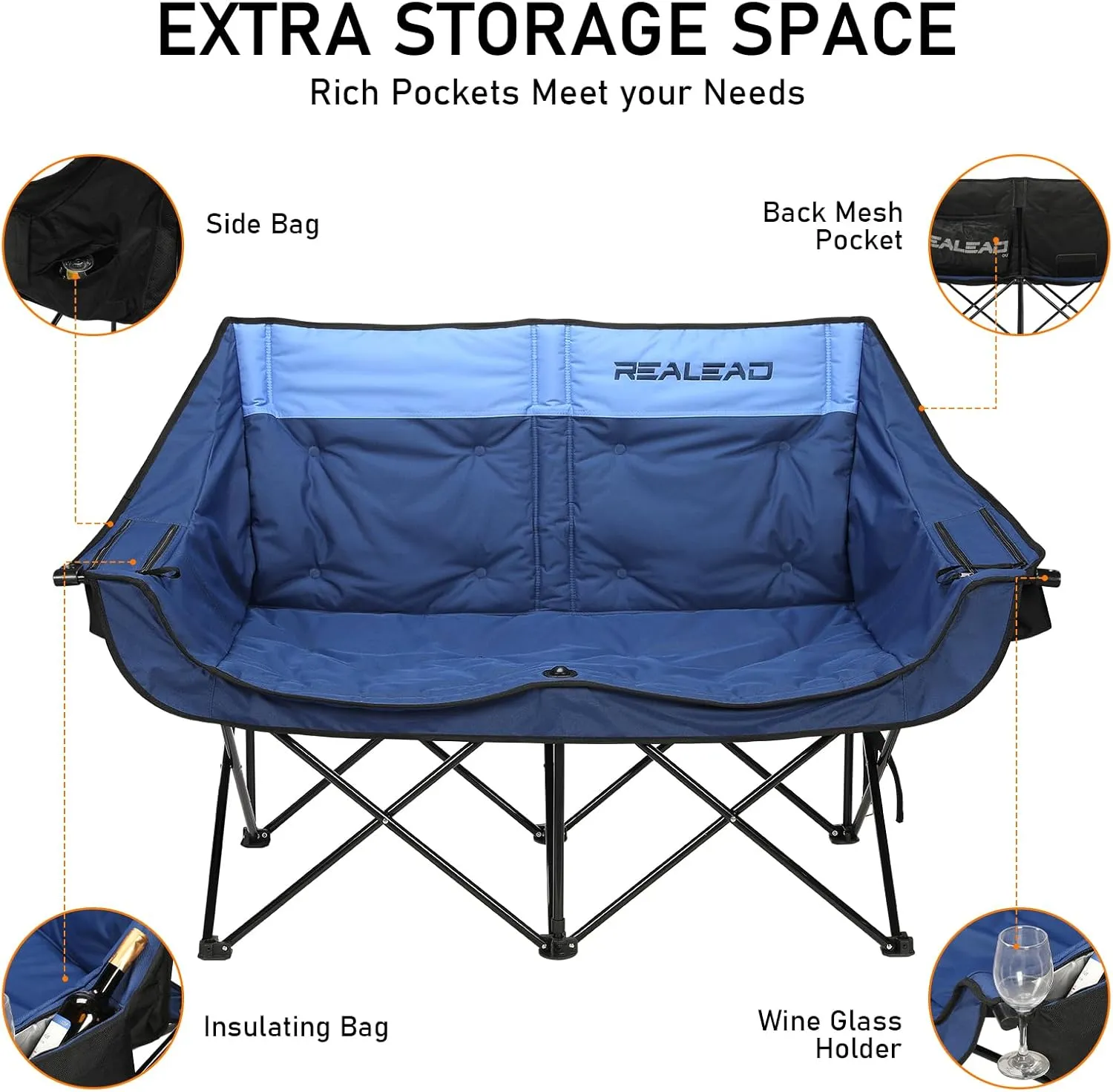 REALEAD Double Camping Chair - Folding Loveseat Camping Chairs for Adults - Two Person Camping Chairs Support 650 lbs - Oversized Camping Loveseat Chair with Cooler Bags for Outdoor Sports - Blue