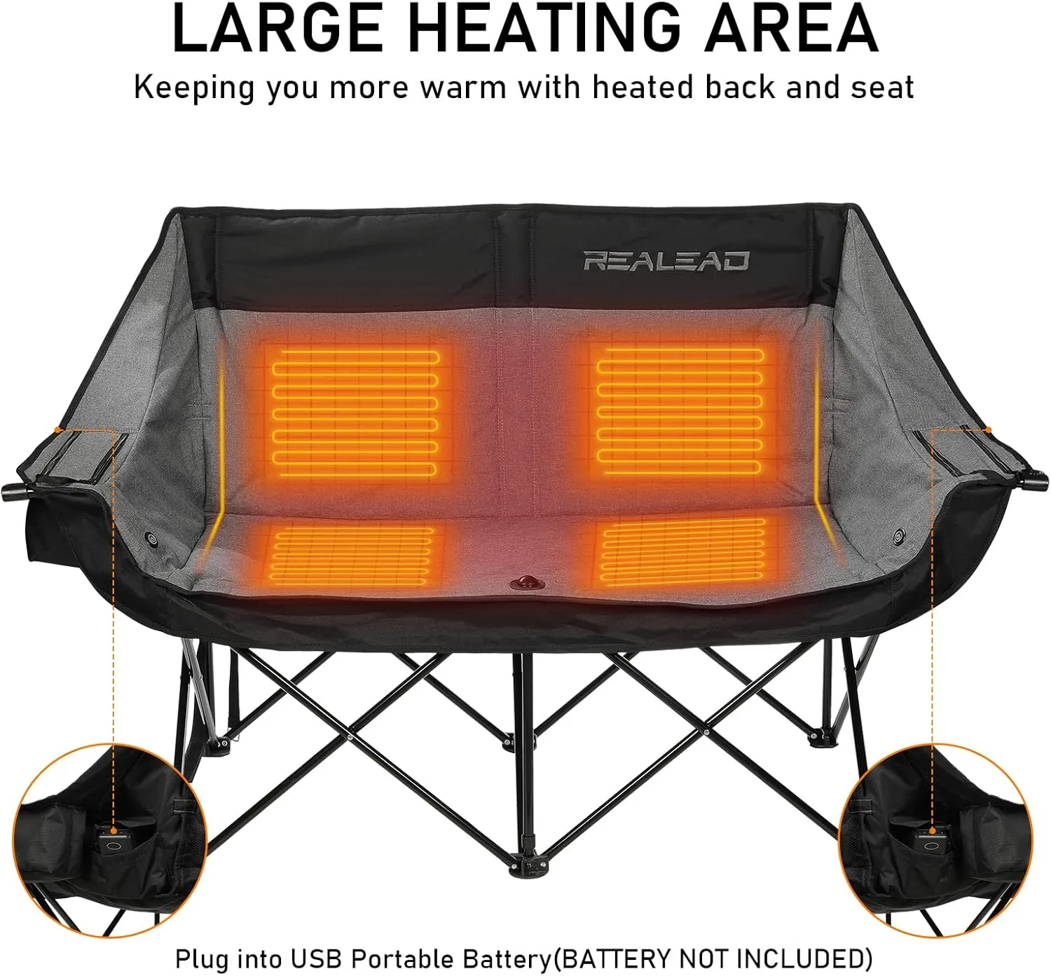 REALEAD Heated Double Camping Chair, 3 Heat Levels and 4 Heating Zones, Portable Heated Loveseat Chair for Outdoor Sports Support 650lbs, Heating Folding Chairs for Outside, Battery NOT Included