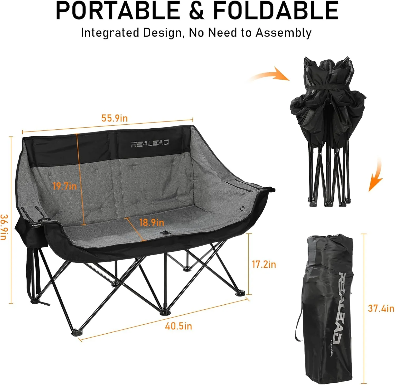 REALEAD Heated Double Camping Chair, 3 Heat Levels and 4 Heating Zones, Portable Heated Loveseat Chair for Outdoor Sports Support 650lbs, Heating Folding Chairs for Outside, Battery NOT Included