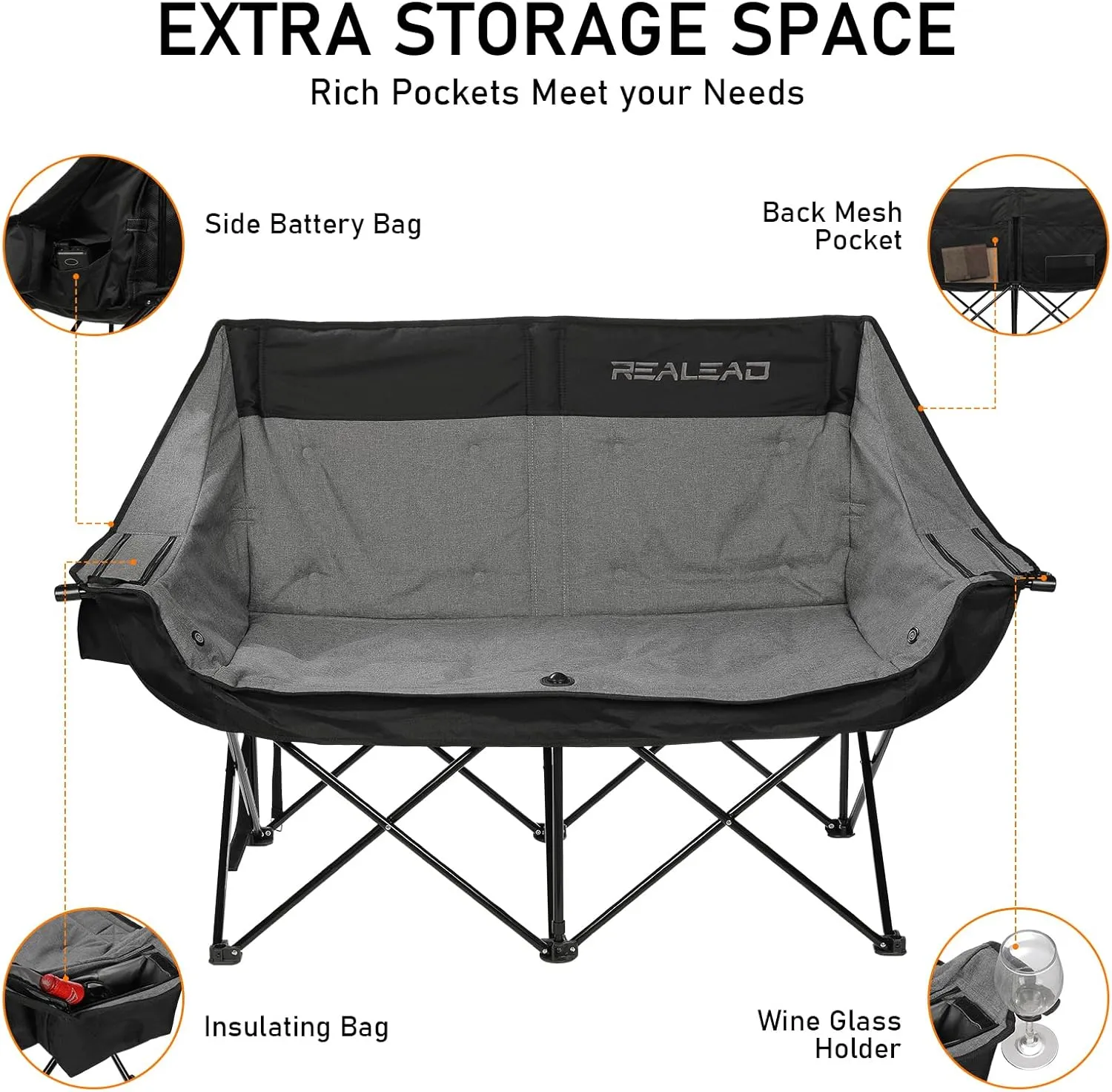 REALEAD Heated Double Camping Chair, 3 Heat Levels and 4 Heating Zones, Portable Heated Loveseat Chair for Outdoor Sports Support 650lbs, Heating Folding Chairs for Outside, Battery NOT Included