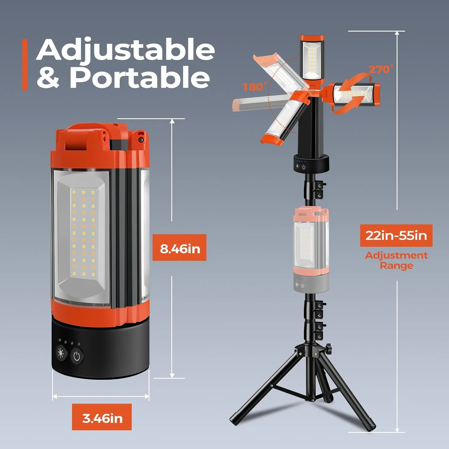Rechargeable 12000mAh Camping Light with Adjustable Stand, Cordless Work Light with 3 LED Lamp Heads, 2200 Lumens Dimmable Magnetic Emergency Flashlight with Detachable Tripod, Orange