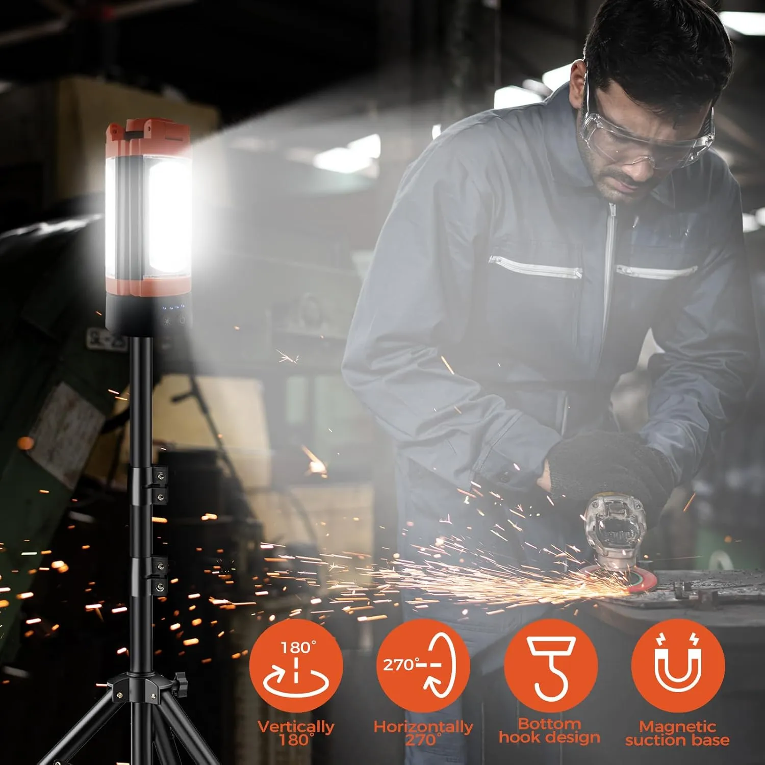 Rechargeable 12000mAh Camping Light with Adjustable Stand, Cordless Work Light with 3 LED Lamp Heads, 2200 Lumens Dimmable Magnetic Emergency Flashlight with Detachable Tripod, Orange