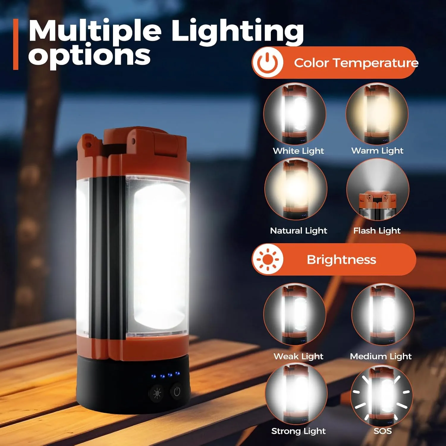 Rechargeable 12000mAh Camping Light with Adjustable Stand, Cordless Work Light with 3 LED Lamp Heads, 2200 Lumens Dimmable Magnetic Emergency Flashlight with Detachable Tripod, Orange