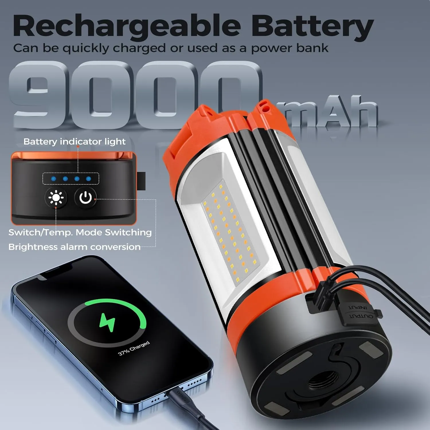 Rechargeable 12000mAh Camping Light with Adjustable Stand, Cordless Work Light with 3 LED Lamp Heads, 2200 Lumens Dimmable Magnetic Emergency Flashlight with Detachable Tripod, Orange