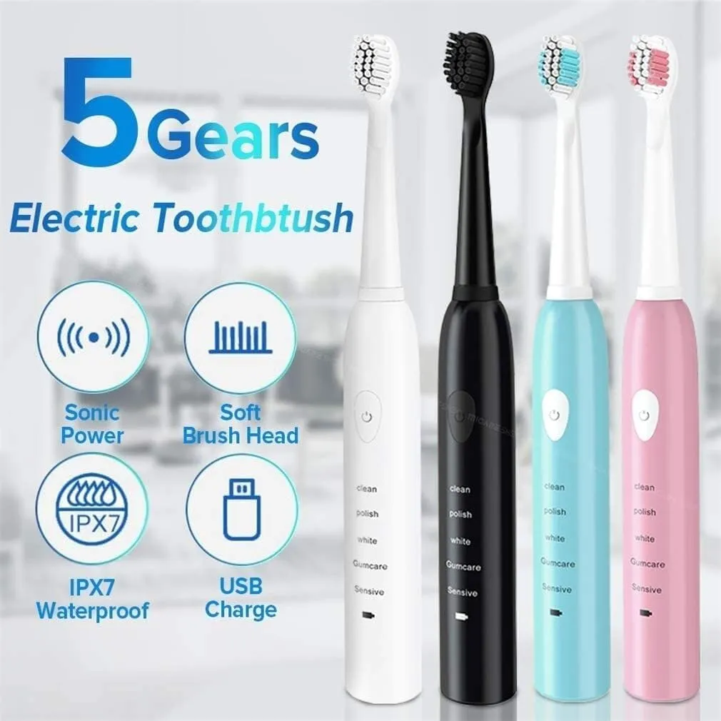 Rechargeable Electric Powered Toothbrush, Electric Toothbrush, Ultrasonic Electric Toothbrush USB Rechargeable Toothbrush Adult Electronic Washable Whitening Tooth Brush(Pink)