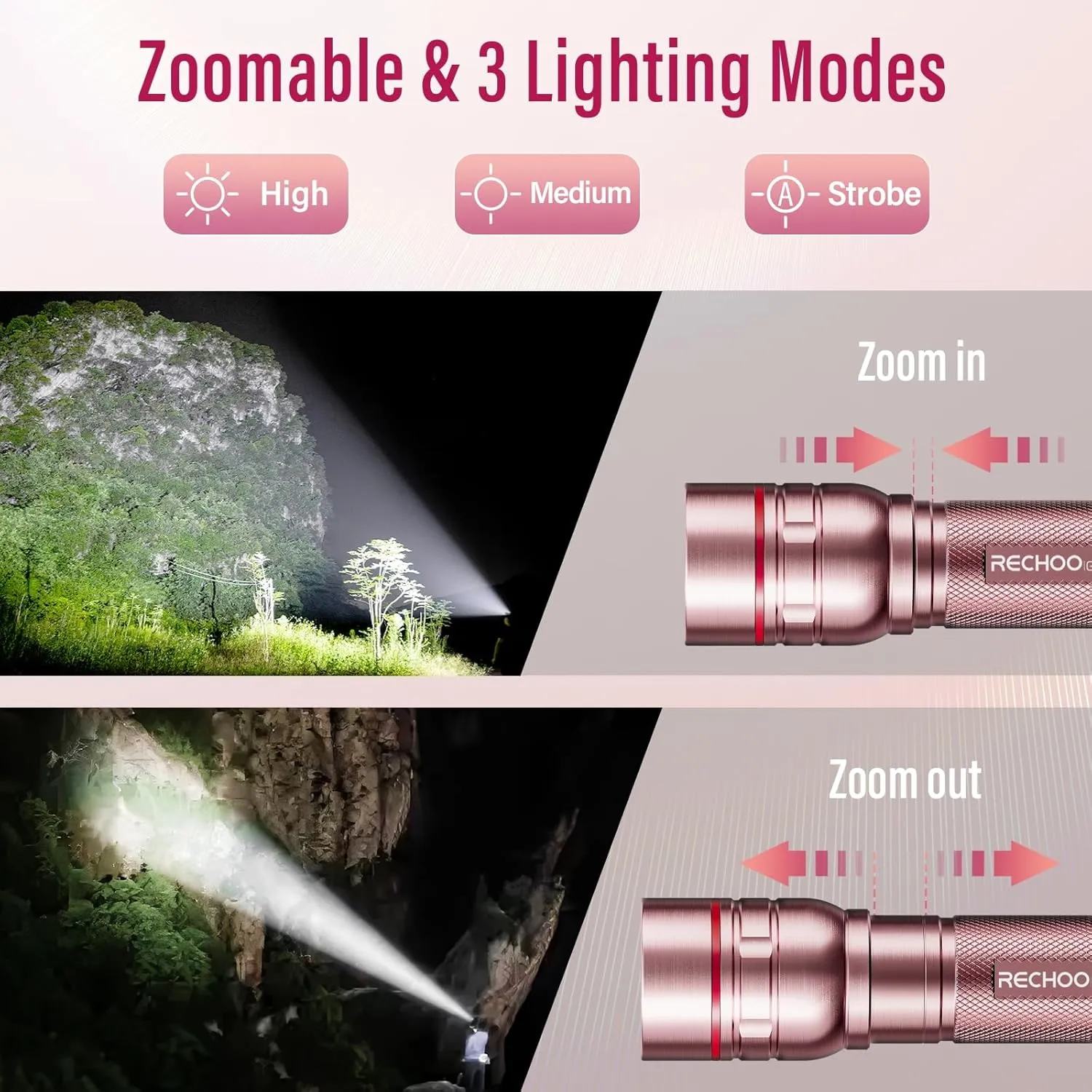 Rechargeable Flashlights High Lumens, G1000 Super Bright Flash Light 2 Pack, Small Zoomable LED Flashlight with 3 Lighting Modes, Portable Flashlights for Camping Essentials, Gift for Women (Pink)