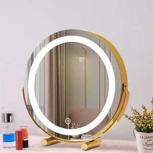Rechargeable LED Makeup Mirror with Light Desktop Makeup Mirror 360 Degree Rotation USB Charging Port Dimmable Touch Screen 3 Dimmable Modes(Gold,17.7"X19.3")