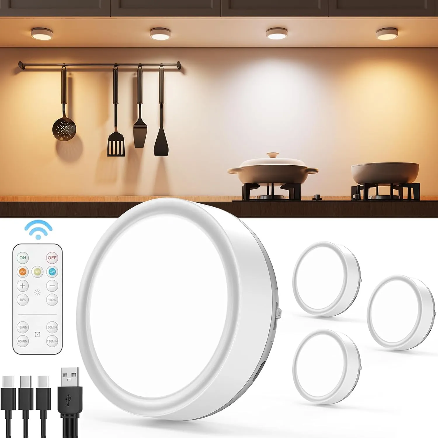 Rechargeable LED Puck Lights with Remote, 2400mAh Battery Operated Push Button Lights Stick on Magnetic Tap Light for Closet Wireless Kitchen Under Cabinet Touch Lighting Classroom Voice Level Light
