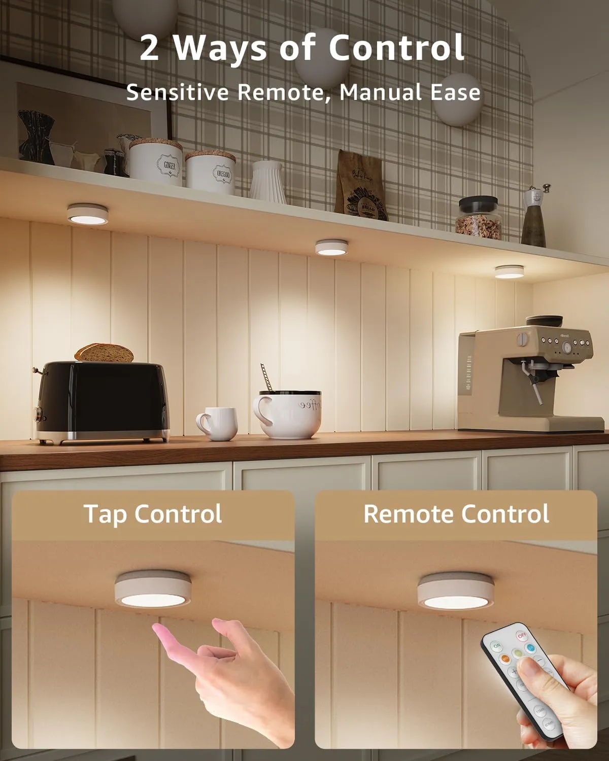 Rechargeable LED Puck Lights with Remote, 2400mAh Battery Operated Push Button Lights Stick on Magnetic Tap Light for Closet Wireless Kitchen Under Cabinet Touch Lighting Classroom Voice Level Light
