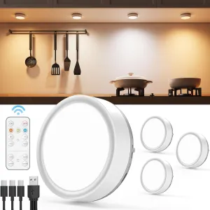 Rechargeable LED Puck Lights with Remote, 2400mAh Battery Operated Push Button Lights Stick on Magnetic Tap Light for Closet Wireless Kitchen Under Cabinet Touch Lighting Classroom Voice Level Light