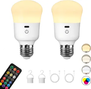 Rechargeable Light Bulb, with Remote Control, 50W Equivalent, Battery Operated LED Bulbs, Backup Emergency Light for Home or Outdoor, 3 Color Temperature, Dim & RGB, Timer, E26 Base, 2 Pack