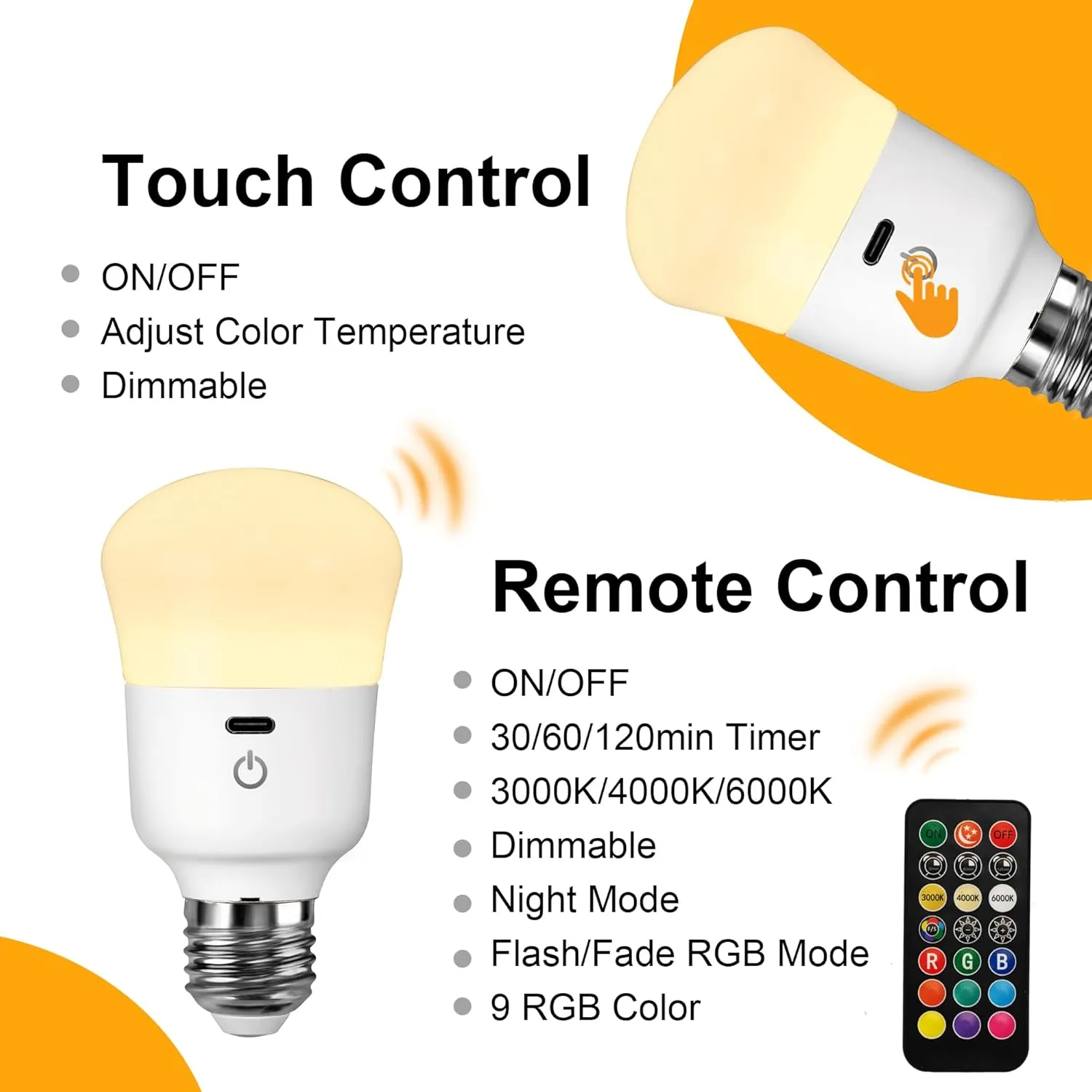 Rechargeable Light Bulb, with Remote Control, 50W Equivalent, Battery Operated LED Bulbs, Backup Emergency Light for Home or Outdoor, 3 Color Temperature, Dim & RGB, Timer, E26 Base, 2 Pack
