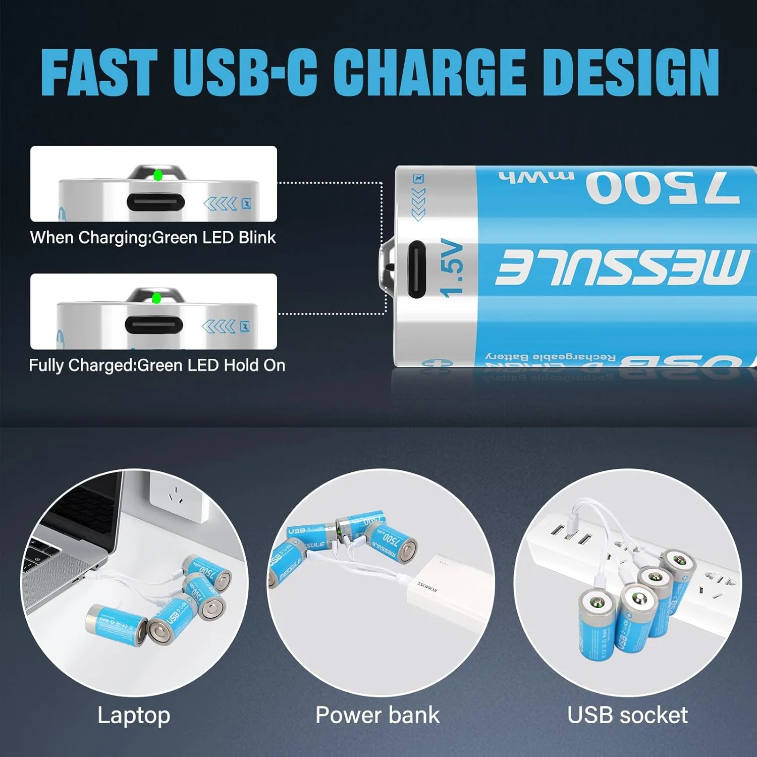 Rechargeable Lithium D Batteries with 4 in 1 USB-C Charge Cable,4 Pack D Cell Li-ion Battries,LR20 1.5V D Size Cell Battery Replacement 7500mWh for Floodlight Toys(4 Pcs)