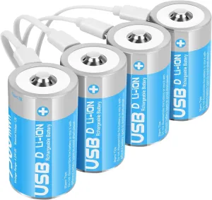 Rechargeable Lithium D Batteries with 4 in 1 USB-C Charge Cable,4 Pack D Cell Li-ion Battries,LR20 1.5V D Size Cell Battery Replacement 7500mWh for Floodlight Toys(4 Pcs)