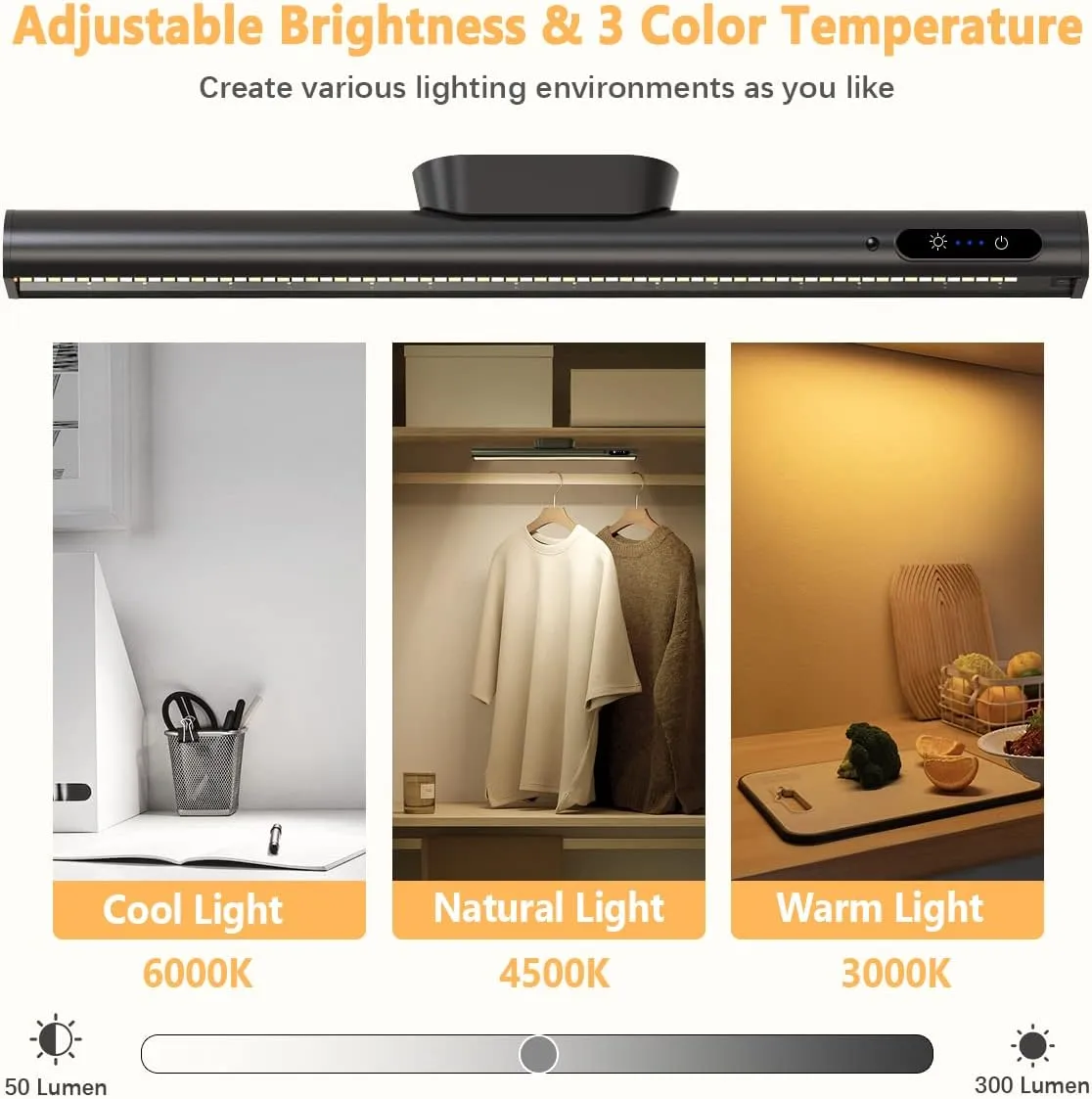 Rechargeable Magnetic LED Light Bar with Remote, Under Cabinet Lighting Wireless, Battery Powered Operated Wall Strip Lights, Dimmable Desk Lamp for Mirror Closet Picture Kitchen – Black