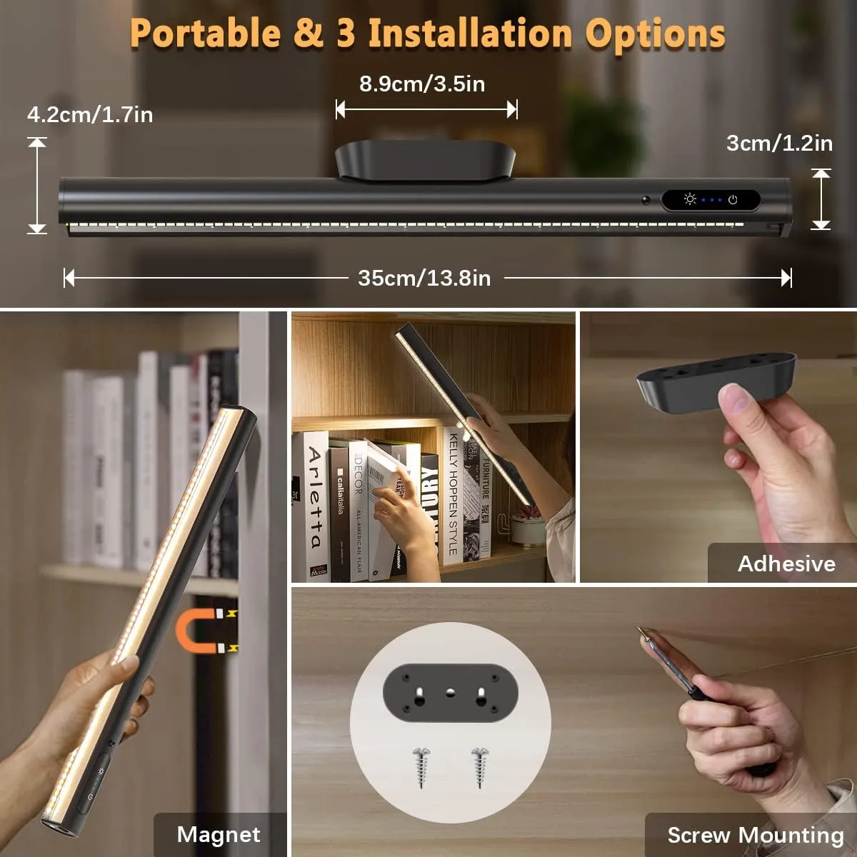 Rechargeable Magnetic LED Light Bar with Remote, Under Cabinet Lighting Wireless, Battery Powered Operated Wall Strip Lights, Dimmable Desk Lamp for Mirror Closet Picture Kitchen – Black