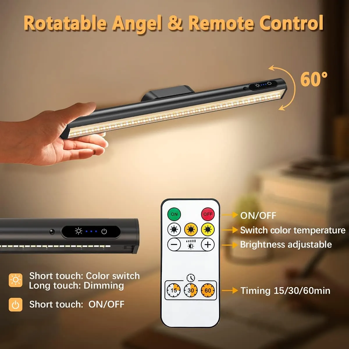 Rechargeable Magnetic LED Light Bar with Remote, Under Cabinet Lighting Wireless, Battery Powered Operated Wall Strip Lights, Dimmable Desk Lamp for Mirror Closet Picture Kitchen – Black