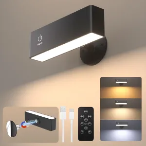 Rechargeable Magnetic Wall Sconce with Remote, Battery Operated Wall Light, Black Wireless Wall Sconce, Black Wall Lamps for Bedroom, Bedside, Kitchen, Cabinet, Living Room, Picture