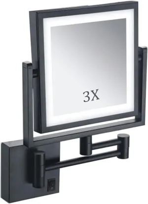 Rechargeable Makeup Mirror Wall Mount Lighted, Makeup Mirror Wall Mount with Lights and Magnification, 8 Inch Double-Sided 360 Swivel Cosmetic Face Extendable Vanity Mirrors for Bathroom,Square,Black
