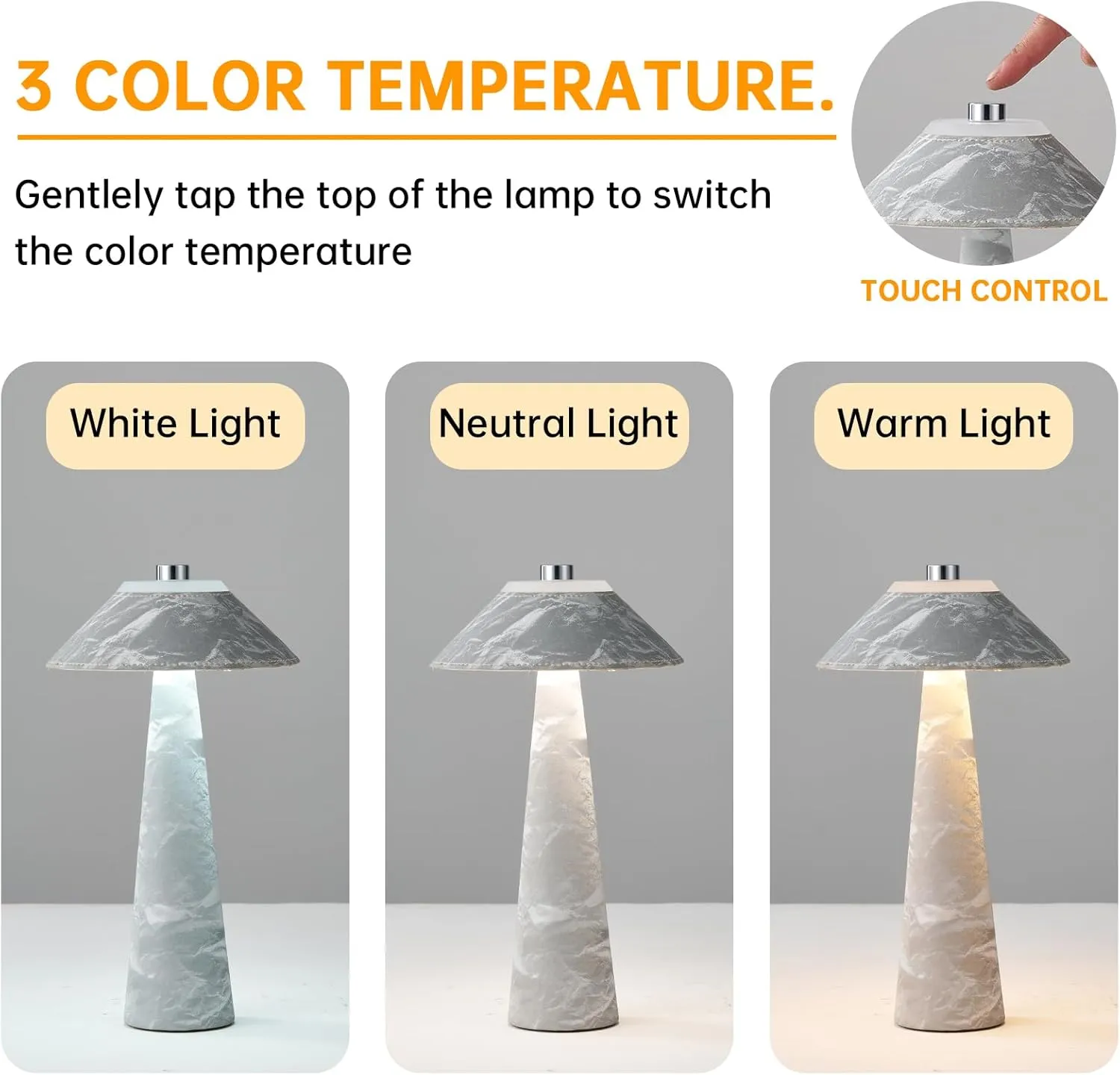 Rechargeable Mushroom Table Lamp Set of 2, H11in Battery Operated Bedside Lamp, 3 Light Color Temperature Nightstand Light for Bedroom Home Camping Outdoor (Grey)