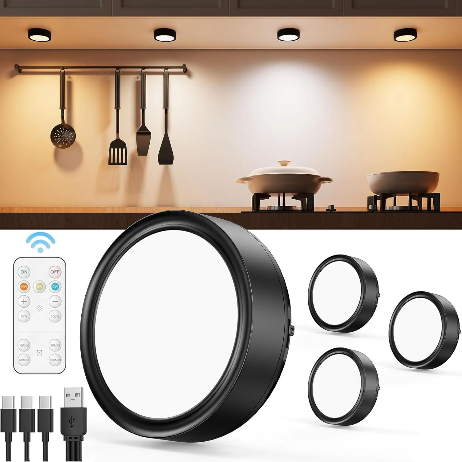 Rechargeable Puck Lights with Remote Control, 2400mAh Battery Operated Under Cabinet Press Button Lighting Wireless LED Push Lights Stick on Magnetic Tap Lamp for Closet Kitchen Counter Display Shelf