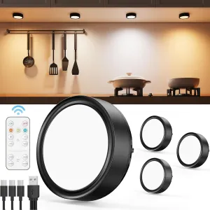 Rechargeable Puck Lights with Remote Control, 2400mAh Battery Operated Under Cabinet Press Button Lighting Wireless LED Push Lights Stick on Magnetic Tap Lamp for Closet Kitchen Counter Display Shelf