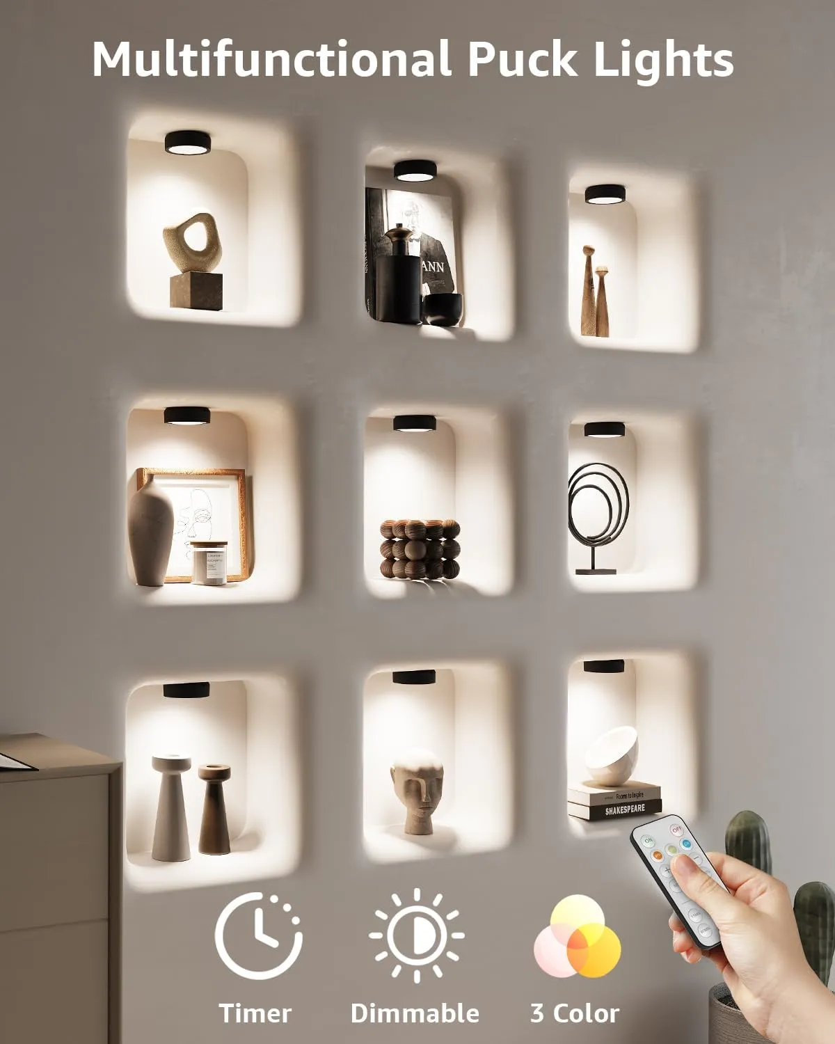 Rechargeable Puck Lights with Remote Control, 2400mAh Battery Operated Under Cabinet Press Button Lighting Wireless LED Push Lights Stick on Magnetic Tap Lamp for Closet Kitchen Counter Display Shelf