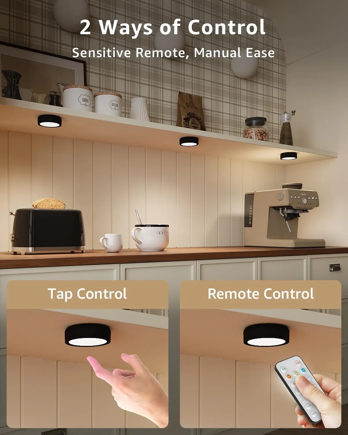 Rechargeable Puck Lights with Remote Control, 2400mAh Battery Operated Under Cabinet Press Button Lighting Wireless LED Push Lights Stick on Magnetic Tap Lamp for Closet Kitchen Counter Display Shelf