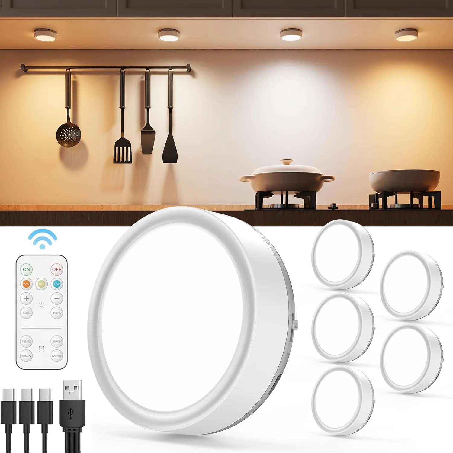 Rechargeable Puck Lights with Remote Control, 2400mAh Battery Powered LED Tap Light Push Lights Stick On for Closet USB Display Shelf Light Magnetic Under Cabinet Press Button Lighting for Classroom