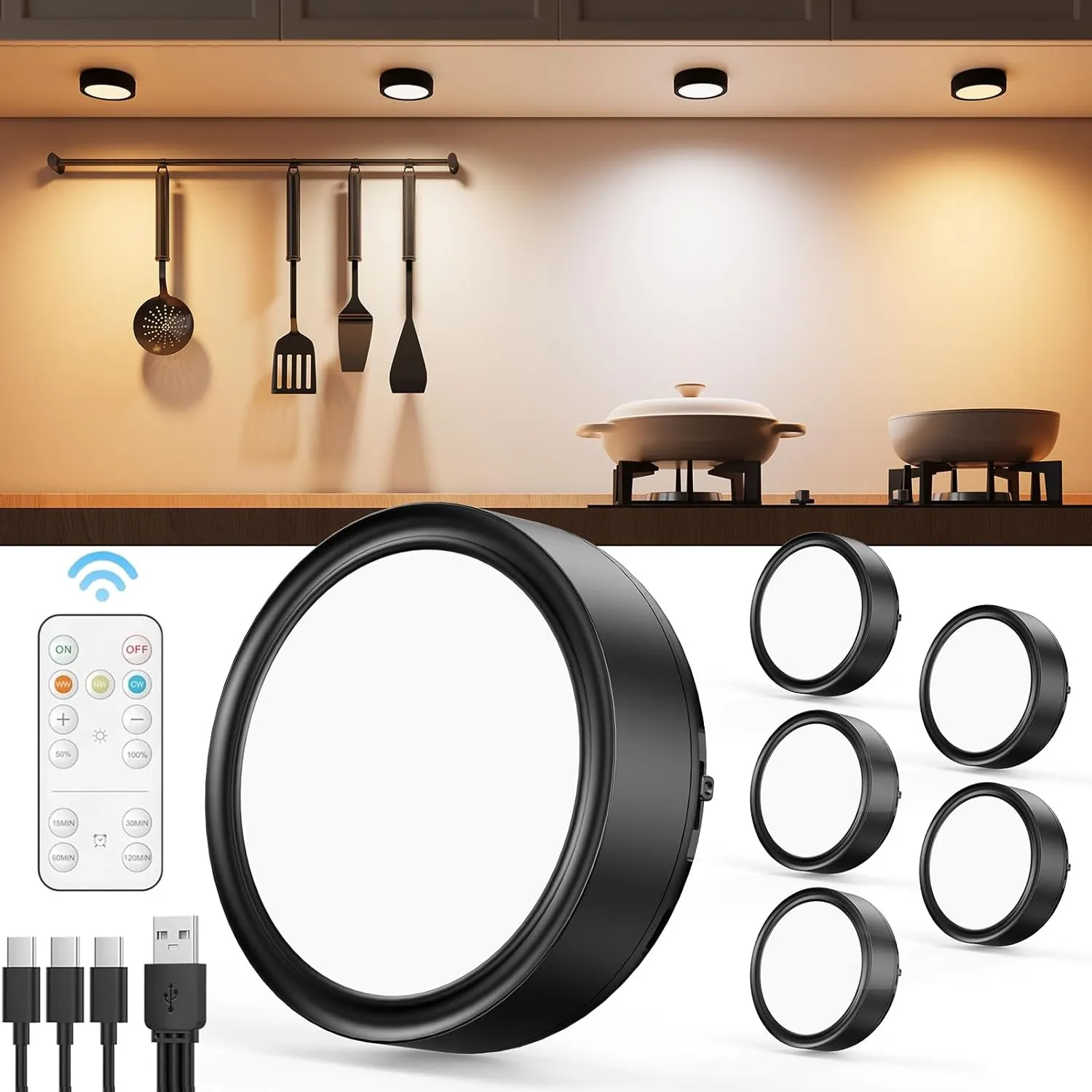 Rechargeable Under Cabinet Puck Lights with Remote Control, Black 2400mAh Battery Operated Push Button Light Stick On Magnetic Tap Lights Wireless USB Touch Light for Closet Kitchen Counter Bookshelf
