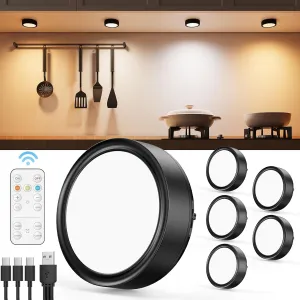 Rechargeable Under Cabinet Puck Lights with Remote Control, Black 2400mAh Battery Operated Push Button Light Stick On Magnetic Tap Lights Wireless USB Touch Light for Closet Kitchen Counter Bookshelf
