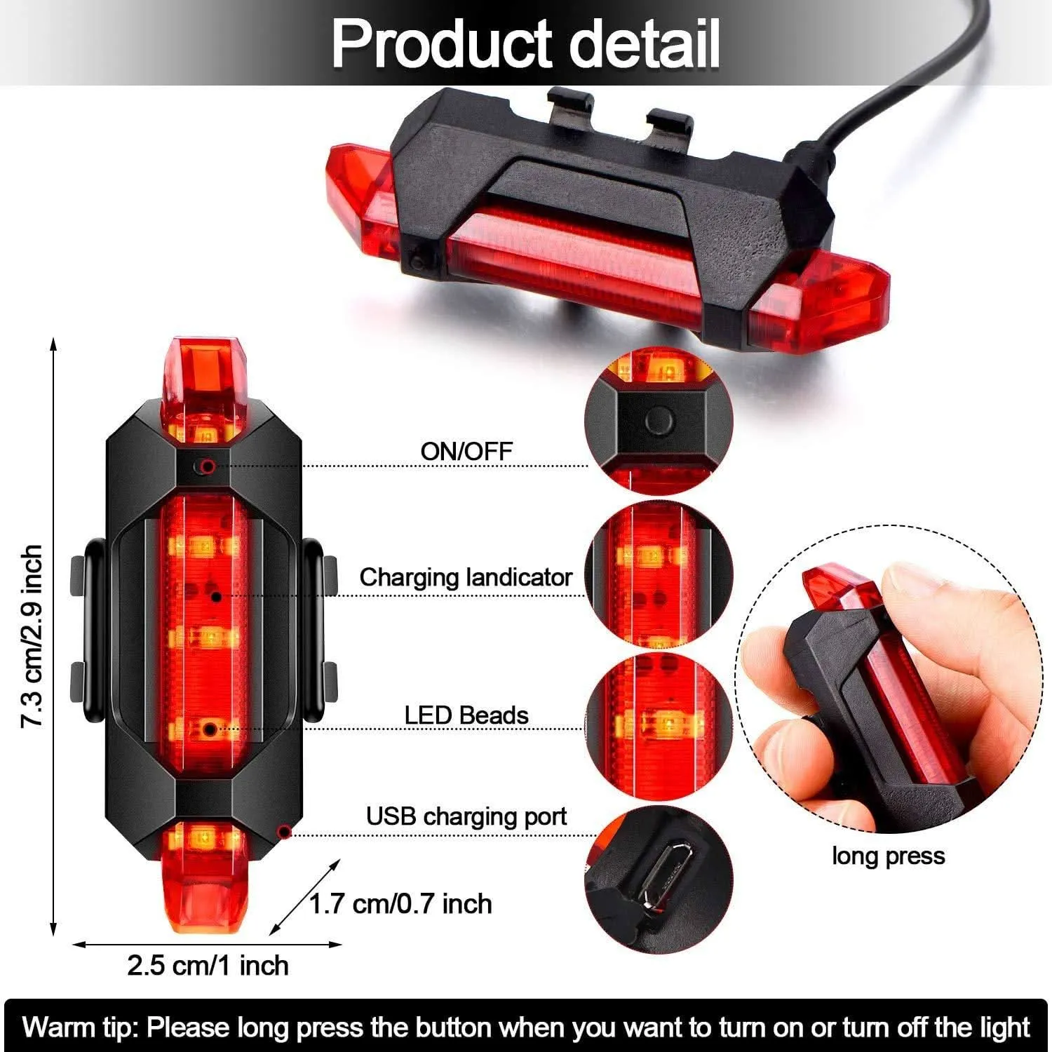 Rechargeable Waterproof Red LED Front Bicycle Light