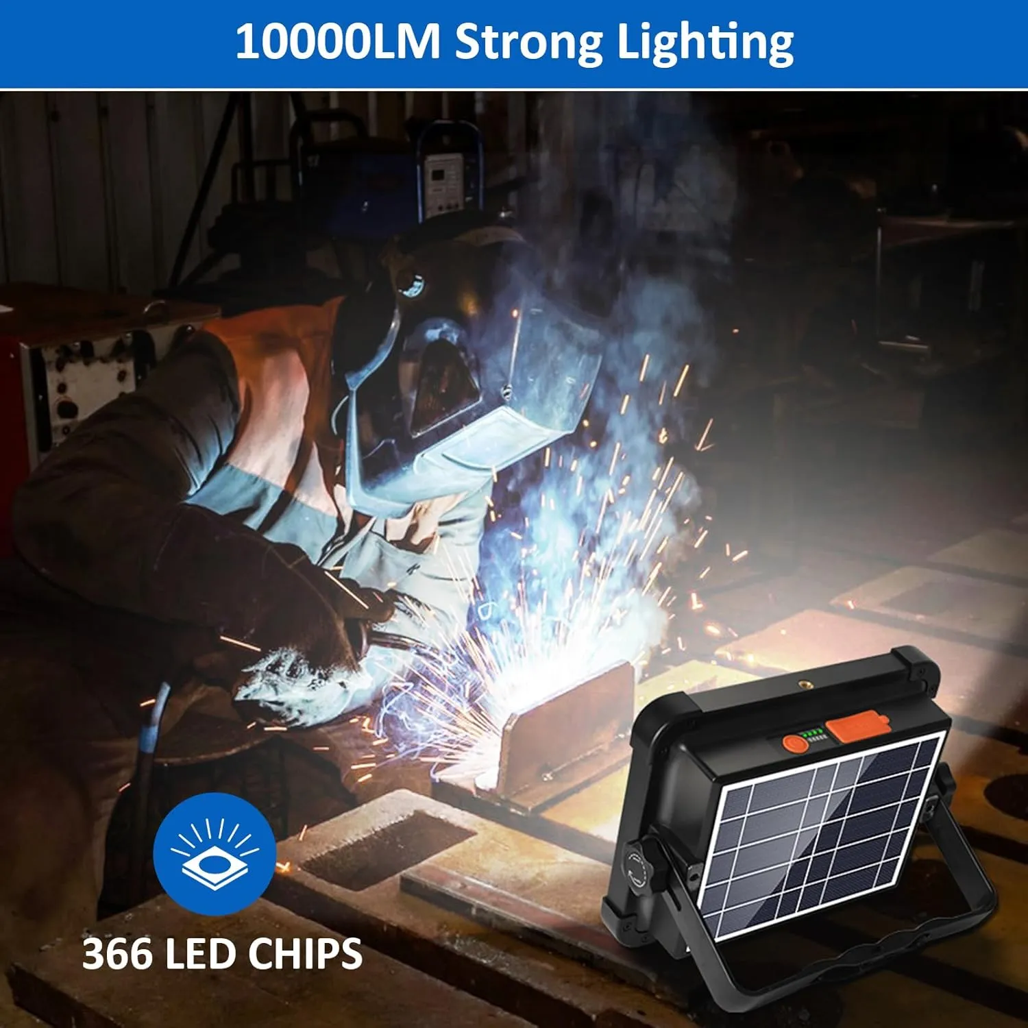Rechargeable Work Light 100W, Solar Work Light 12000mAh, 4 Lighting Modes/Stepless Dimming, Portable for Camping, Car Repair, Power Cut