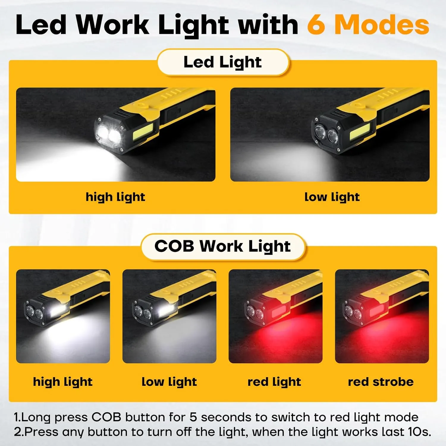 Rechargeable Work Light, 3000mAh Led Work Light with Magnetic Base & Hanging Hook, 6 Lighting Modes 1500 Lumens Flashlights for Car Repairing/Emergency, Tool Gifts for Him (Yellow)