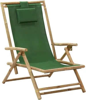 Reclining Bamboo Lounge Chair with Adjustable Backrest, Foldable Outdoor Patio Furniture Green Fabric for Camping Beach Poolside