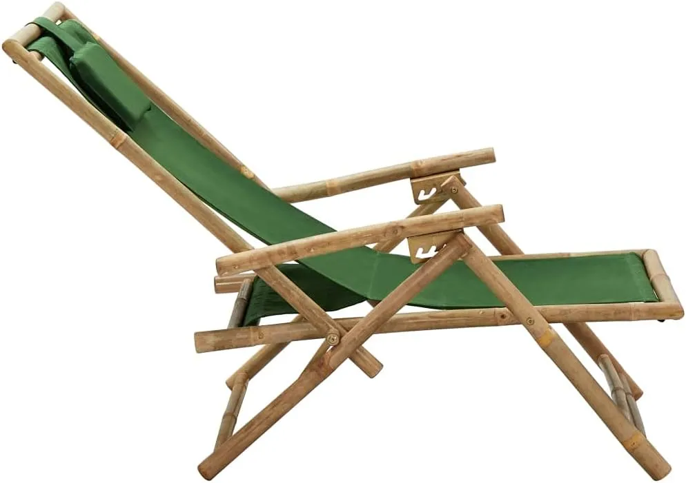 Reclining Bamboo Lounge Chair with Adjustable Backrest, Foldable Outdoor Patio Furniture Green Fabric for Camping Beach Poolside