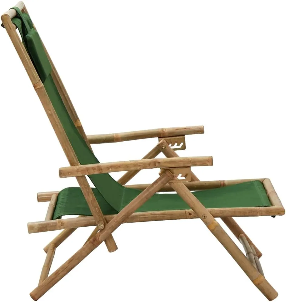 Reclining Bamboo Lounge Chair with Adjustable Backrest, Foldable Outdoor Patio Furniture Green Fabric for Camping Beach Poolside