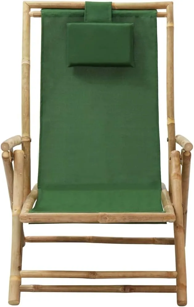 Reclining Bamboo Lounge Chair with Adjustable Backrest, Foldable Outdoor Patio Furniture Green Fabric for Camping Beach Poolside