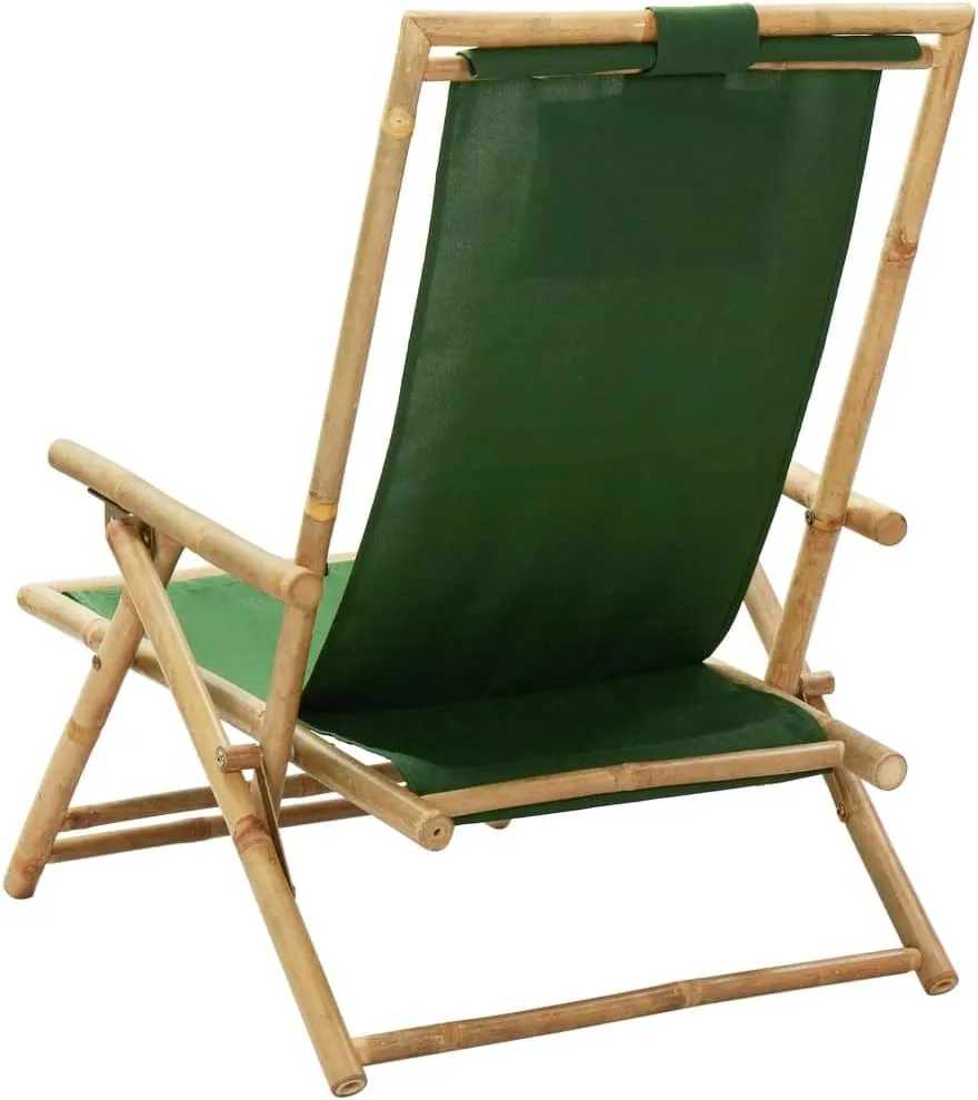 Reclining Bamboo Lounge Chair with Adjustable Backrest, Foldable Outdoor Patio Furniture Green Fabric for Camping Beach Poolside