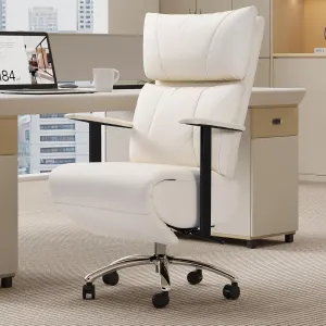Reclining Office Chair with Adjustable Headrest, 170° Ergonomic Comfortable Office Chair with Footrest & Padded Backrest, Modern High Back Leather Executive Home Office Desk Chair 400lbs (Cream)