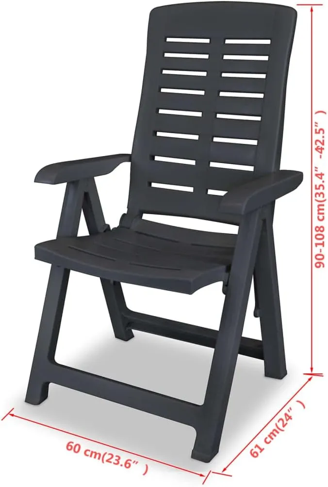 Reclining Patio Chairs 2 Pcs Foldable Outdoor Furniture Anthracite Plastic Lounge Chairs with 4 Adjustable Positions for Garden, Poolside, Camping