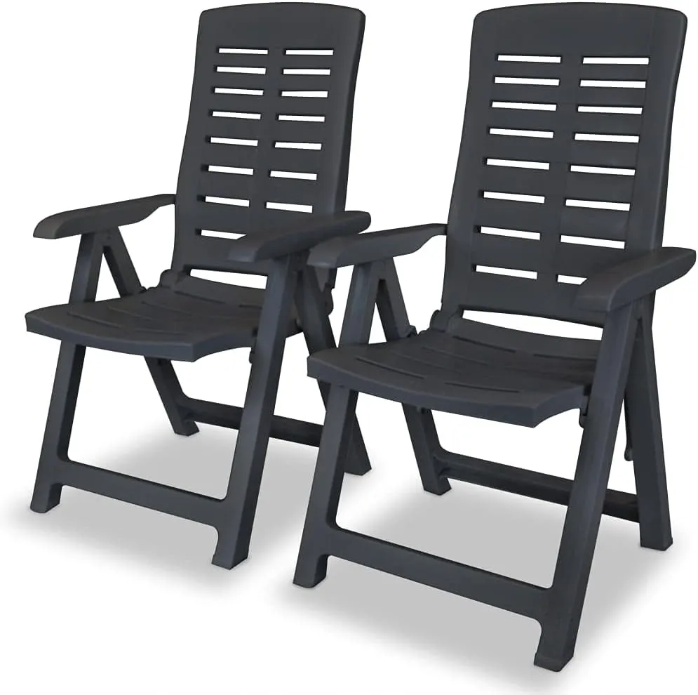 Reclining Patio Chairs 2 Pcs Foldable Outdoor Furniture Anthracite Plastic Lounge Chairs with 4 Adjustable Positions for Garden, Poolside, Camping