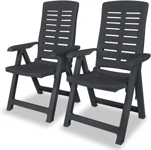 Reclining Patio Chairs 2 Pcs Foldable Outdoor Furniture Anthracite Plastic Lounge Chairs with 4 Adjustable Positions for Garden, Poolside, Camping