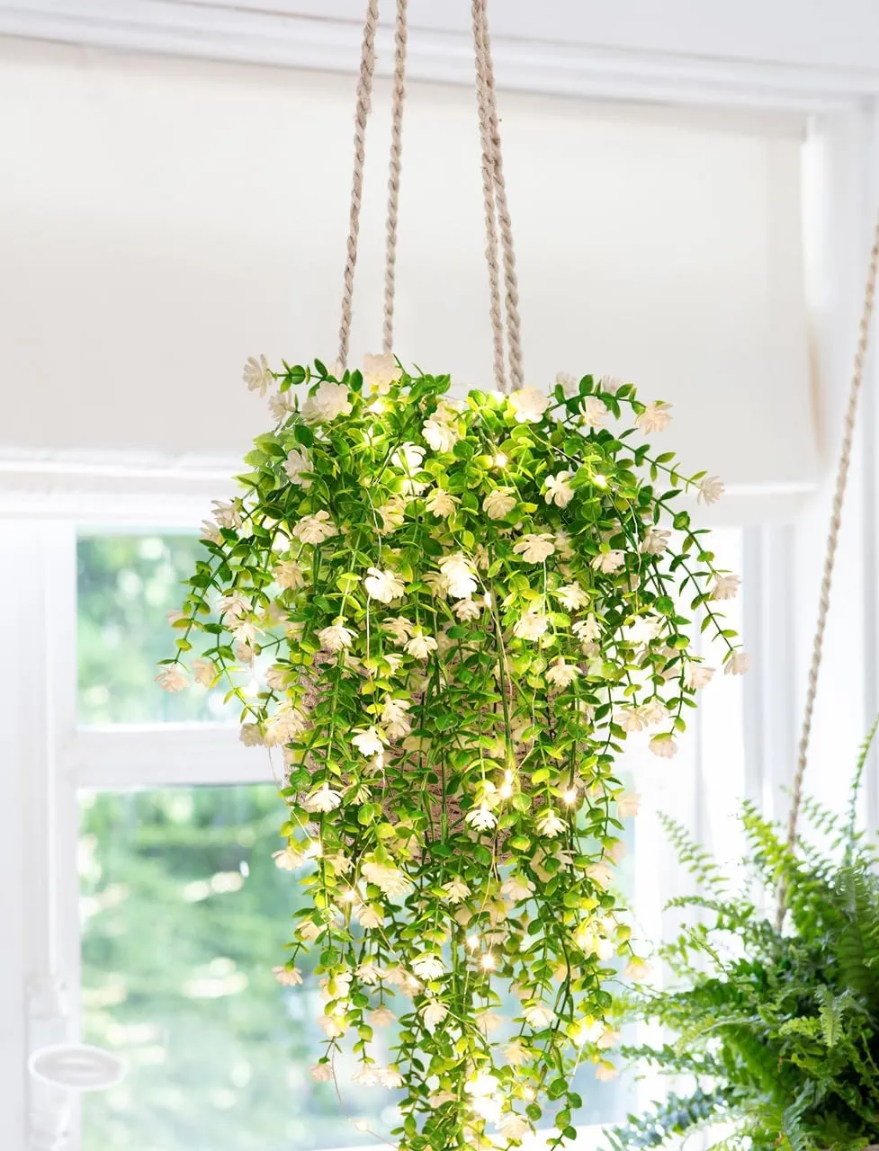 RECUTMS 3 Pcs Hanging Fake Plants Fake Vines Artificial Plants Large Faux Hanging Plant with 30 LED String Light, Artificial Hanging Plants Wall Indoor Outdoor Decorations(White)
