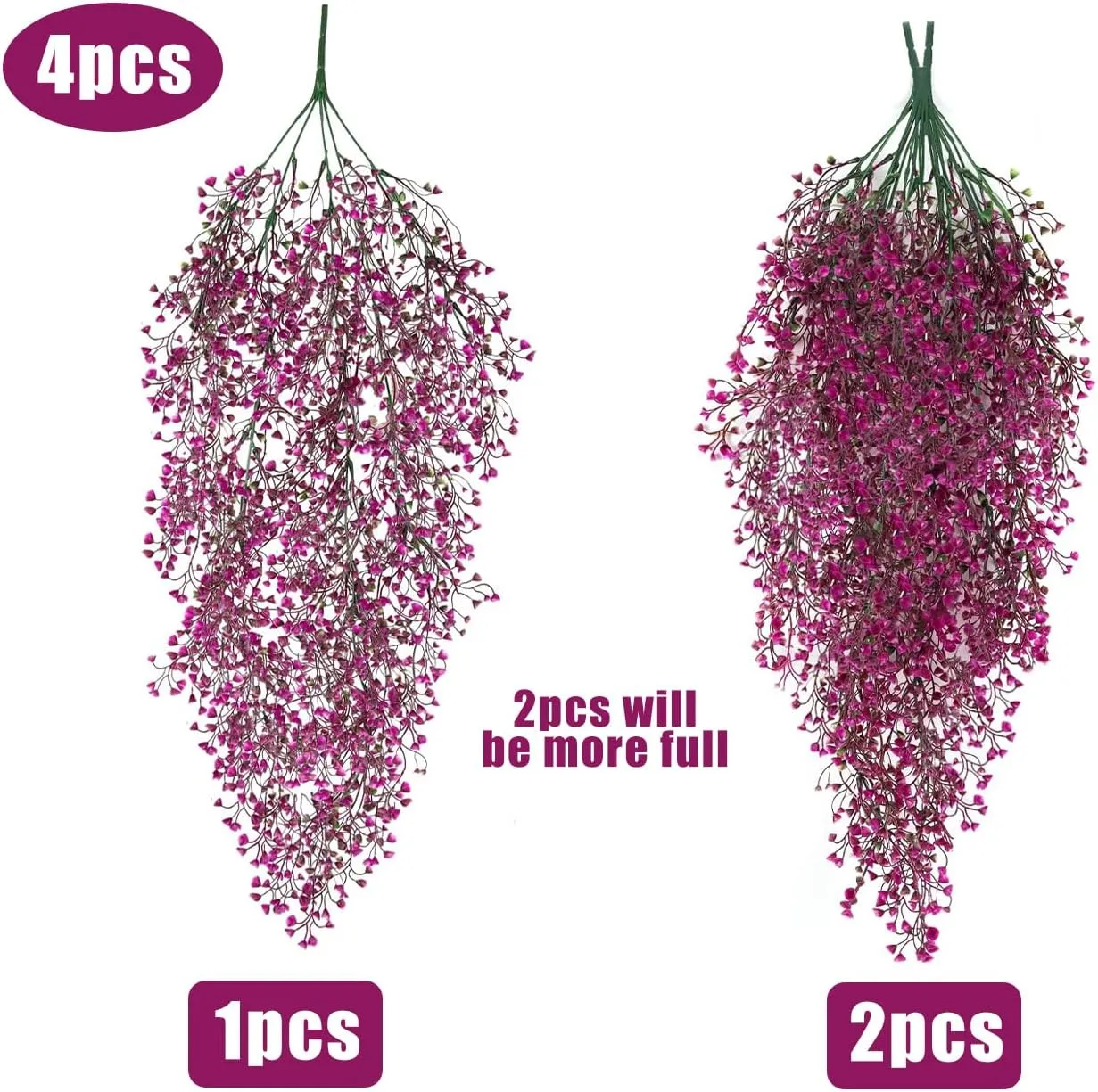 RECUTMS 4Pcs Fake Ferns Artificial Hanging Plants with 30 LED Lights Ivy Flowers Large Faux Hanging Plant for Indoor Outdoor Room Garden Porch Wedding Party Decorations (Fuchsia)