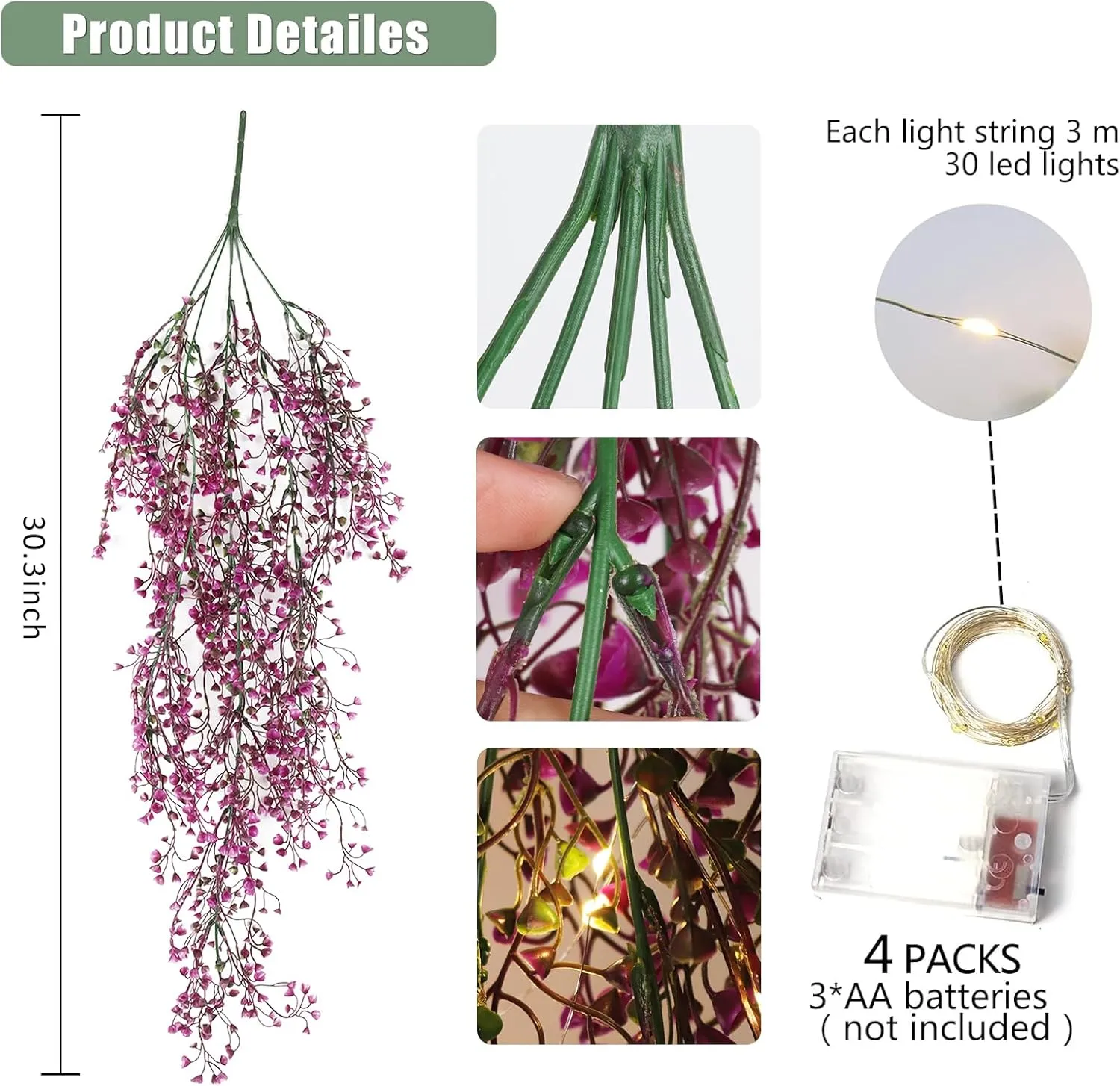 RECUTMS 4Pcs Fake Ferns Artificial Hanging Plants with 30 LED Lights Ivy Flowers Large Faux Hanging Plant for Indoor Outdoor Room Garden Porch Wedding Party Decorations (Fuchsia)
