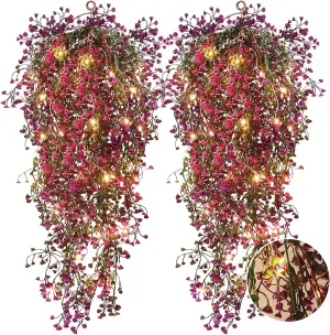 RECUTMS 4Pcs Fake Ferns Artificial Hanging Plants with 30 LED Lights Ivy Flowers Large Faux Hanging Plant for Indoor Outdoor Room Garden Porch Wedding Party Decorations (Fuchsia)