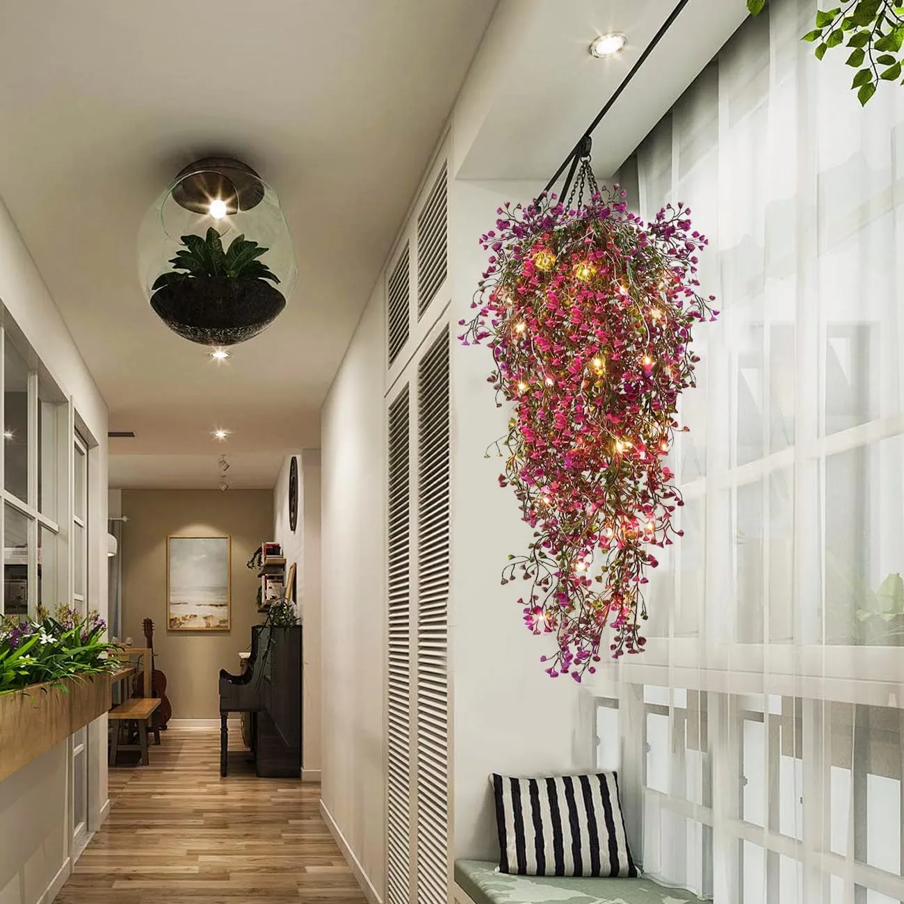 RECUTMS 4Pcs Fake Ferns Artificial Hanging Plants with 30 LED Lights Ivy Flowers Large Faux Hanging Plant for Indoor Outdoor Room Garden Porch Wedding Party Decorations (Fuchsia)