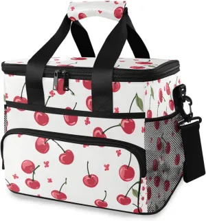 Red Cherry Berry Fruit Leaves Cooler Bag Insulated Cooler Soft Sided Cooler 24 Can Portable Picnic Bag Large Leakproof Lunch Bag Box for Beach Grocery Camping Travel Car Men Women