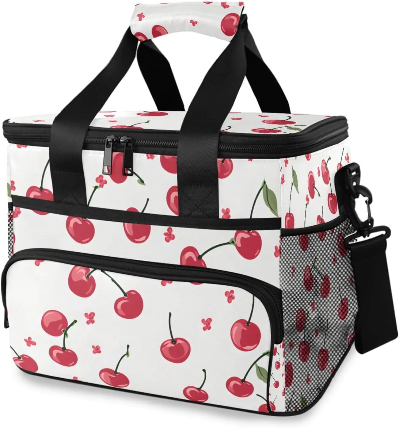 Red Cherry Berry Fruit Leaves Cooler Bag Insulated Cooler Soft Sided Cooler 24 Can Portable Picnic Bag Large Leakproof Lunch Bag Box for Beach Grocery Camping Travel Car Men Women